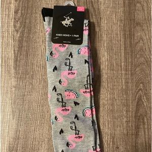 NWT Beverly Hills Polo socks. Knee highs. Size 5-9. Flamingos.